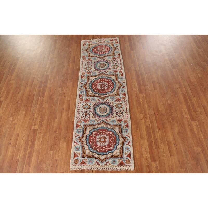Geometric Beige Kazak Runner Rug Hand-knotted Wool Carpet - 2'6"x 7'10"