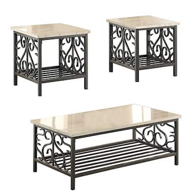 3 Piece Faux Marble Top Table Set With Decorative Metal Frame, Cream & Gray