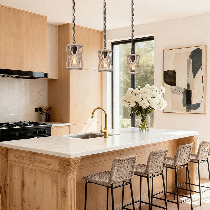 Farmhouse 1-Light Rustic Wood Pendant Light for Kitchen Island Dining Room - 6'' L x 6'' W x 11'' H