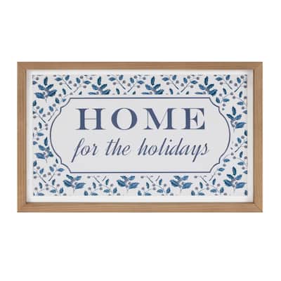 Winter Wall Sign with Blue and White Art Rustic Wood Frame “Home for the Holidays” Seasonal Home Accent - 18.75”L x 1”W x 10”H