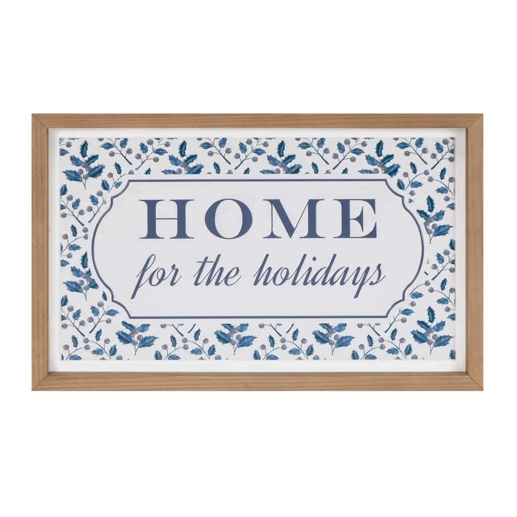 Winter Wall Sign with Blue and White Art Rustic Wood Frame “Home for the Holidays” Seasonal Home Accent - 18.75”L x 1”W x 10”H