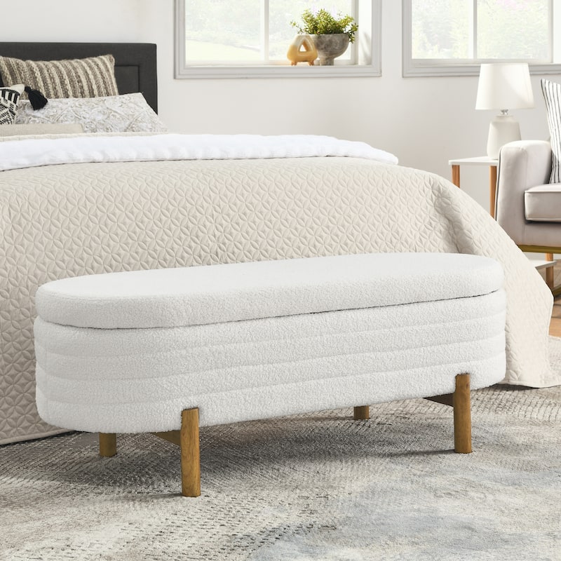 Small Ottoman Oval Storage Bench with Rubber Wood Leg Bedroom Upholstered Footstool Bench with Hidden Storage