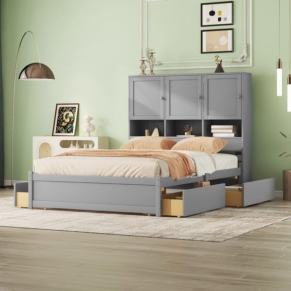 slide 2 of 12, Cottage Style Queen Size Platform Bed with 4 Drawers Under-Bed,Headboard with Multiple Storage Shelves Gray