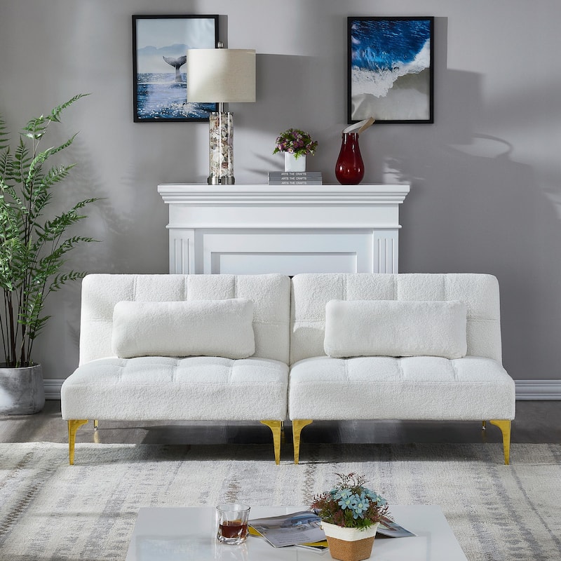 Convertible Sofa Bed Futon with Gold Metal Legs in Teddy Fabric - White - Set of 2