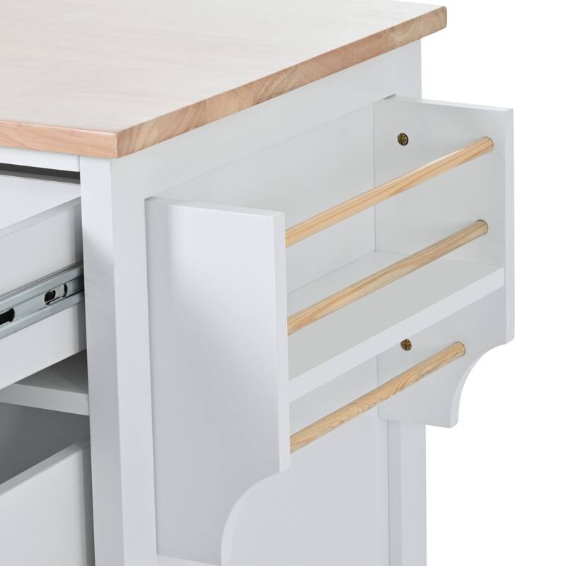Kitchen Island with 8 Handle-Free Drawers, Rubber Wood Top, Flatware Organizer & 5 Wheels for Storage & Organization
