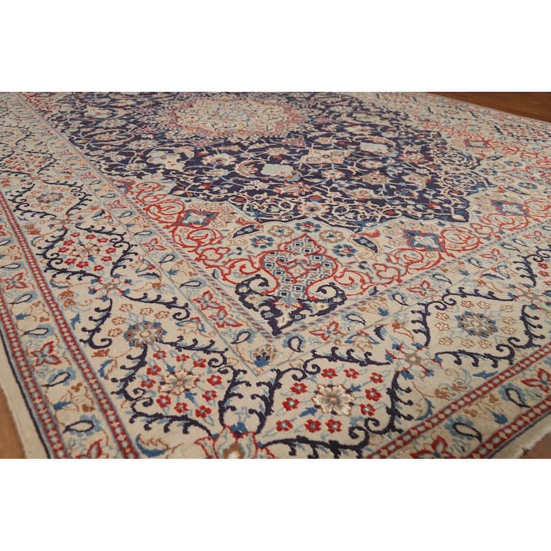 Navy Blue Floral Nain Persian Area Rug Handmade Wool Carpet - 6'7"x 10'5"