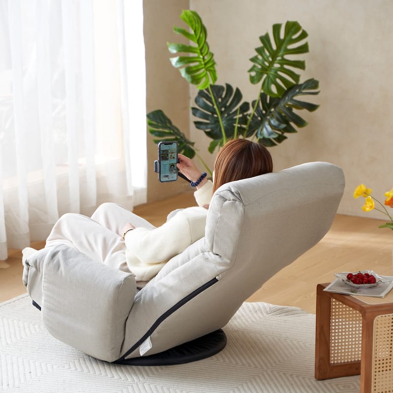 Gray Upholstered 360° Swivel Manual Leisure Recliner with Mobile Phone Holder, Adjustable Headrest and Backrest