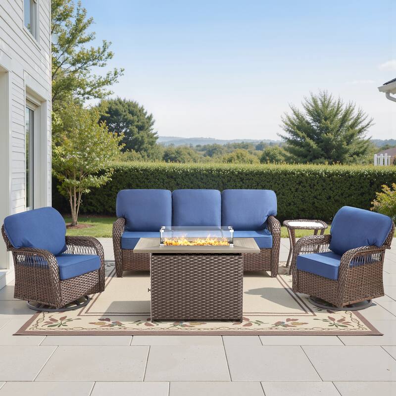 Pocassy Patio Sofa Ottoman Swivel Chair Table with Fire Table Funiture Set. - Brown Wicker Blue Cushion - 5-Piece Sofa Swivel Chair Table w/ Fie Pit Table