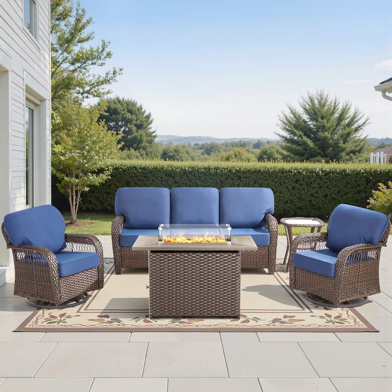 Pocassy Patio Sofa Ottoman Swivel Chair Table with Fire Table Set. - Brown Wicker Blue Cushion - 5-Piece Sofa Swivel Chair Table w/ Fie Pit Table