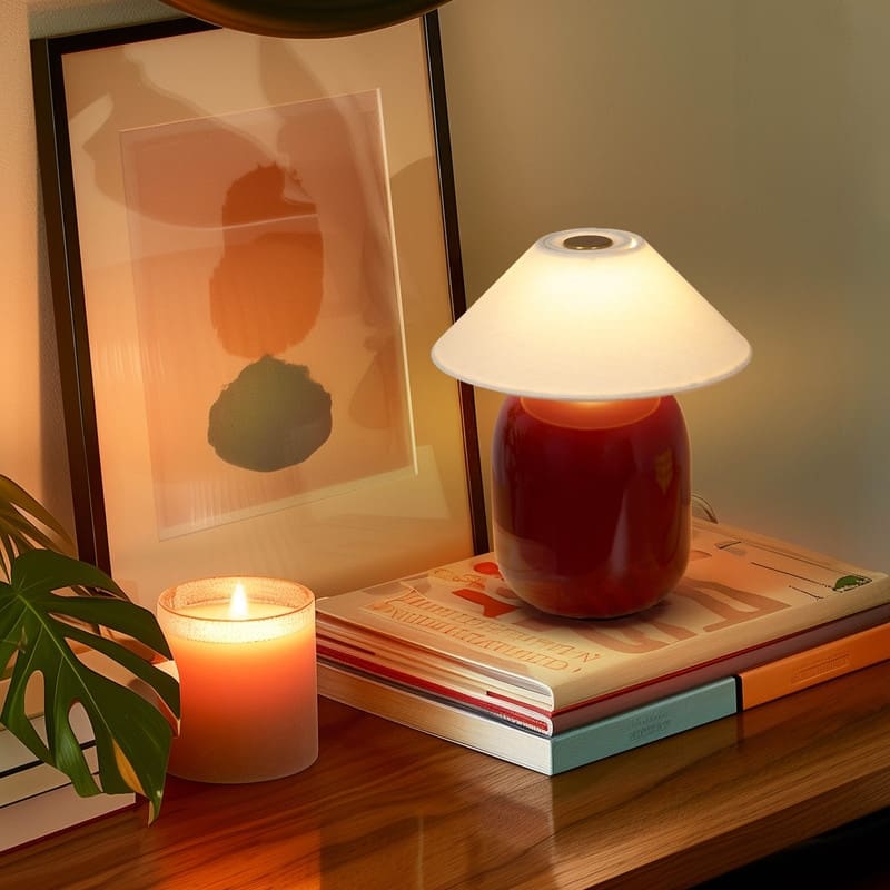 Ren LED 7.87 in Glossy Red Midcentury Modern Urn Dimmable Cordless Portable Rechargeable Bedside Nightstand Desk Lamp