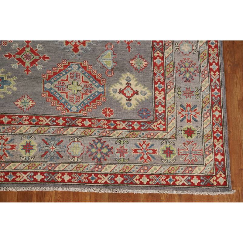 Hand Knotted Oriental 100% Wool Carpet Traditional Geometric Greys & Charcoal Kazak Area Rug - 9' 10'' X 8' 2''