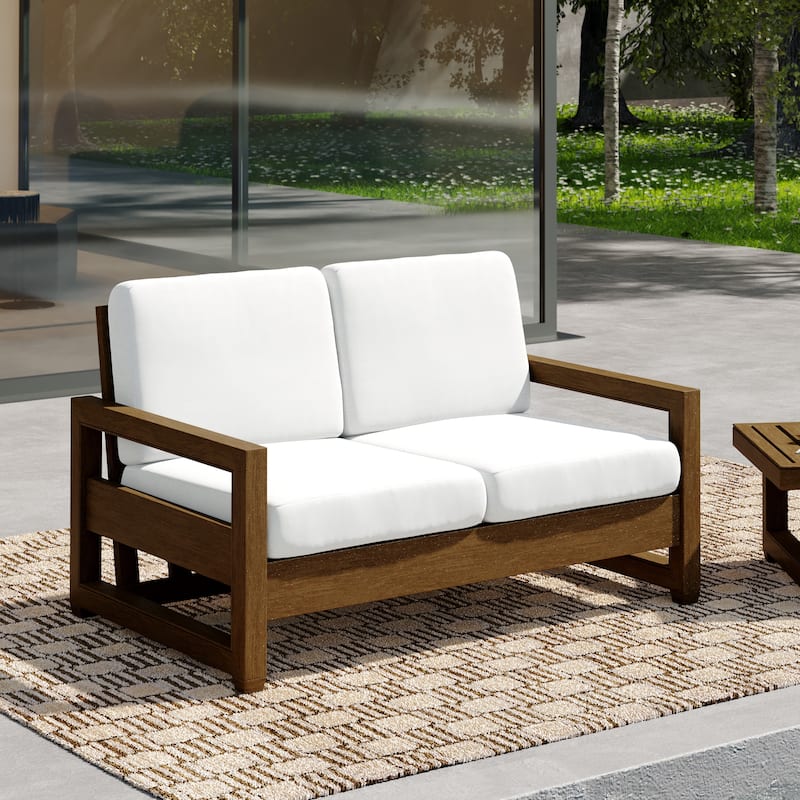 Patio Teak Wood Outdoor Loveseat with Cushion - Beige/ Natural Wood