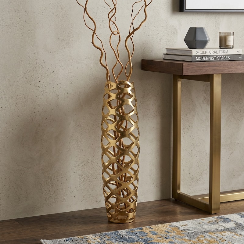 31" Gold Aluminum Pierced Geometric Cylinder Floor Vase - 9.00 - Gold - 9.00