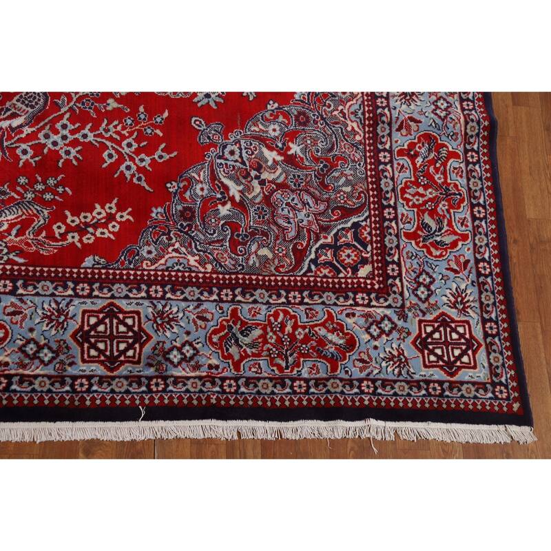 Machine Made Oriental Polyester Carpet Traditional Floral Red Kashan Area Rug - 12' 7'' X 9' 8''