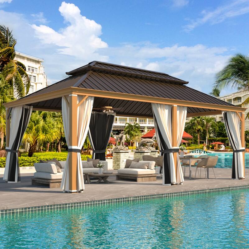 EROMMY Hardtop Gazebo with Galvanized Steel Roof and Curtains, Outdoor Aluminum Pavilion for Patio, Backyard, Lawn - 12'x20' - Wood Grain