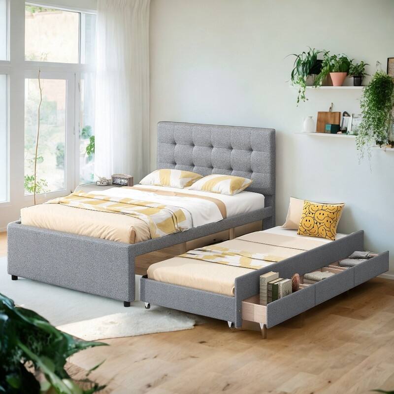 Full Size Upholstered Platform Bed with Pull-out Twin Size Trundle and 3 Drawers, Gray