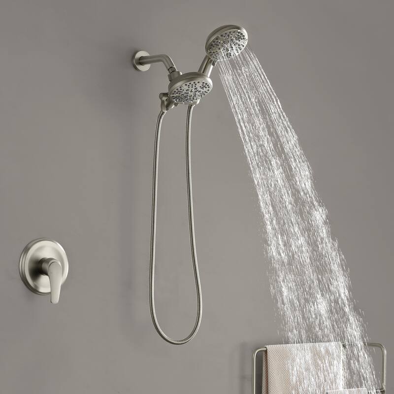 Modland 12-Setting Dual Head Shower System Pressure Balance Valve with Handheld & Rain Spray Anti-Scald Faucet Set - Brushed Nickel.
