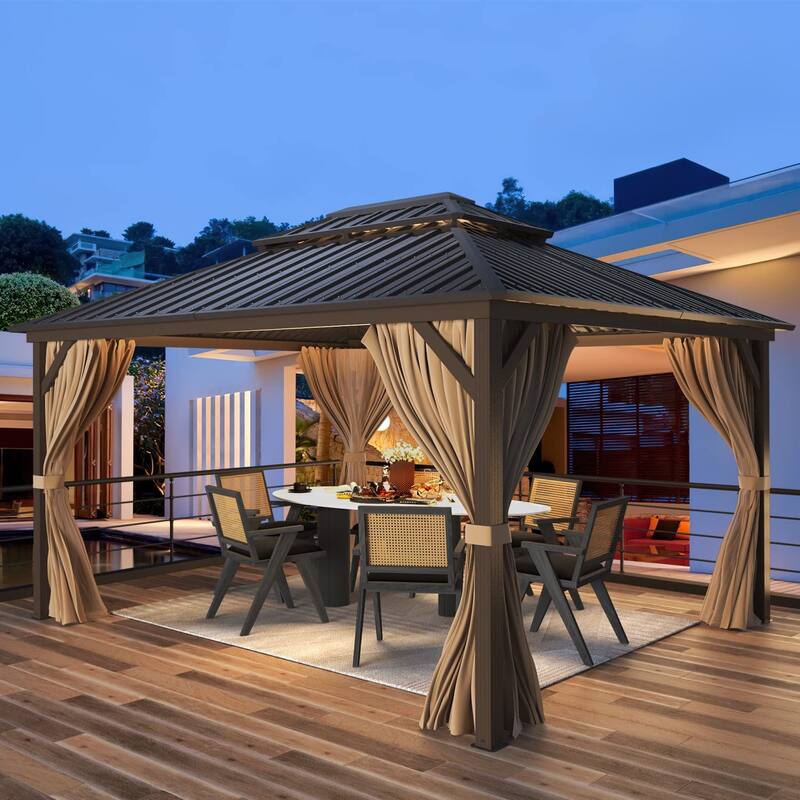 Outdoor Pro Series Galvanized Steel Hardtop Patio Gazebo Pergola w/Aluminum Frame, Prime Curtains and nettings include - 10'x12' - Pro Series