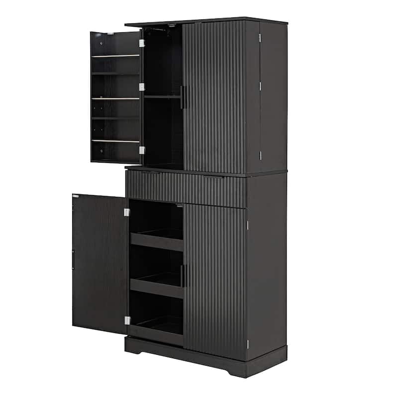 Fluted Kitchen Pantry Cabinet, Freestanding Sideboard Buffet Storage Cabinet with 3 Keyboard Drawers & 6 Door Shelves