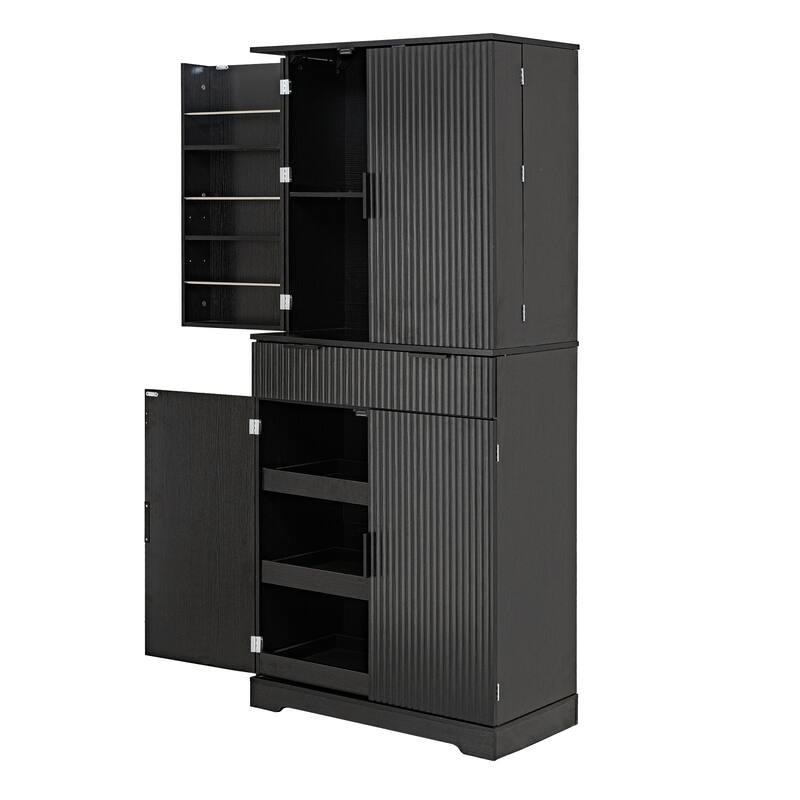 Roomfitters 72" Tall Fluted Kitchen Pantry Cabinet with 4 Pull-Out Drawers & 6 Door Spice Racks