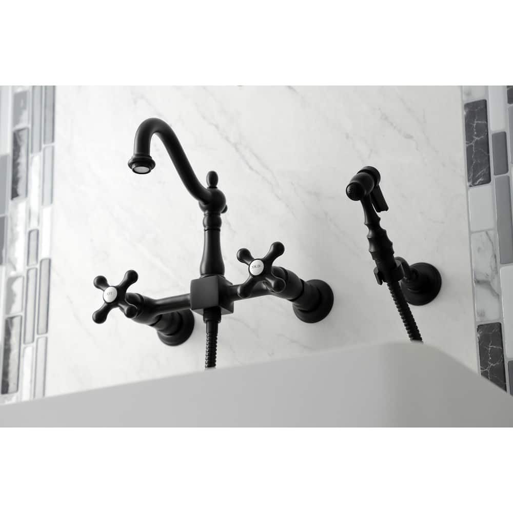 Kingston Brass Heritage Wall Mount Bridge Kitchen Faucet with Brass Sprayer