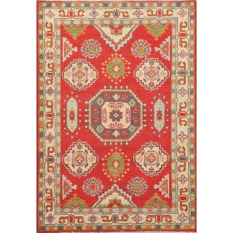 Geometric Kazak Accent Rug Hand-Knotted Wool Carpet - 2'7" x 3'11"