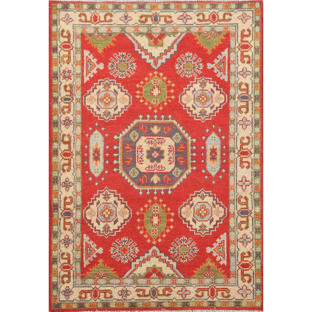 Geometric Kazak Accent Rug Hand-Knotted Wool Carpet - 2'7" x 3'11"