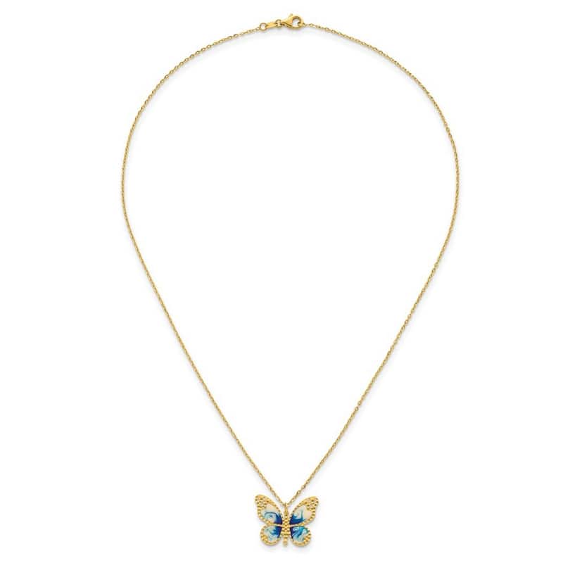 Curata 14k Yellow Gold 18" Italian Blue Enamel Textured Butterfly Necklace - 22mm
