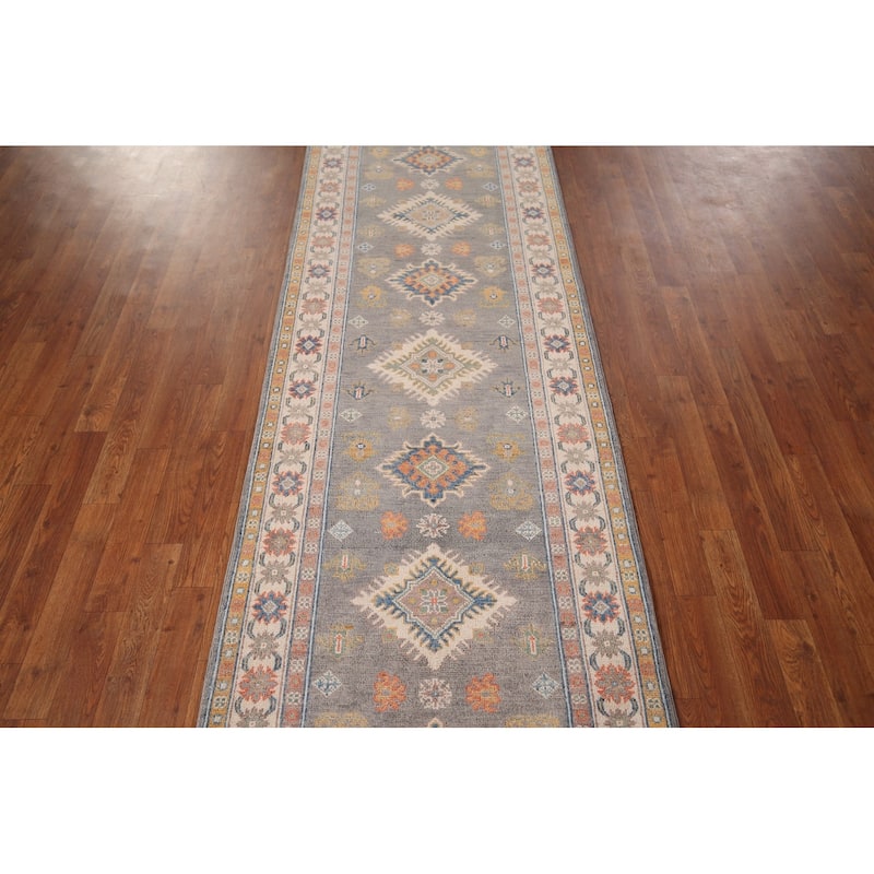 Grey Geometric Kazak Runner Rug Handmade Wool Carpet - 2'10" x 9'10"