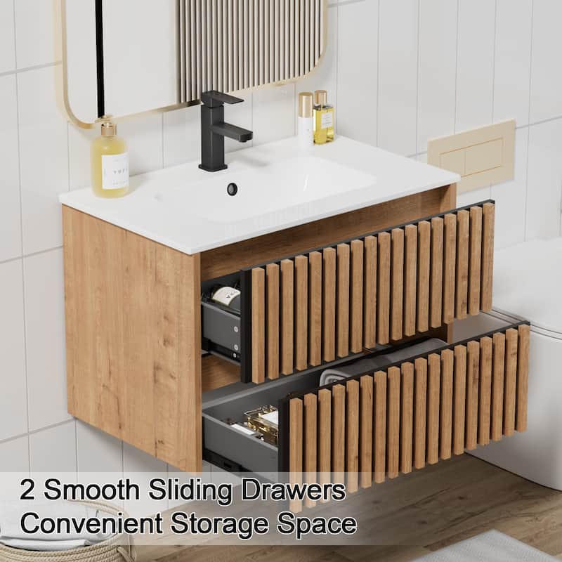 Wall Mounted Bathroom Vanity Set Mid-Century Storage Cabinet with Ceramic Sink