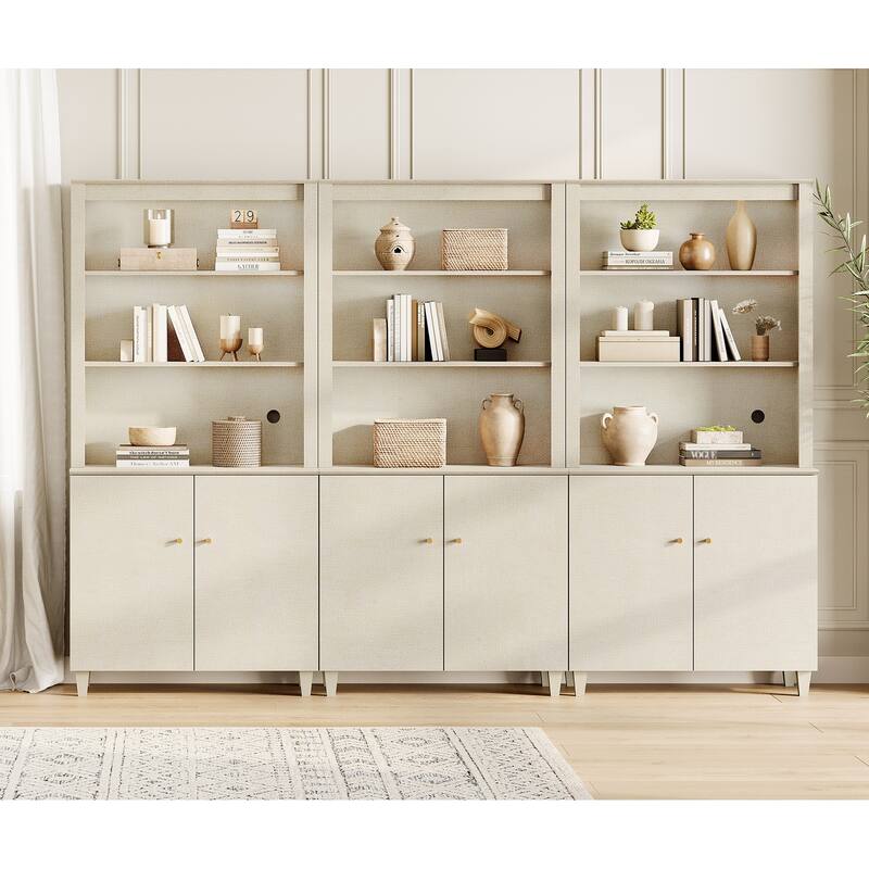 WAMPAT Modern 71" Tall Bookcase with Cabinets, 3 Columns 5-Tier - Beige