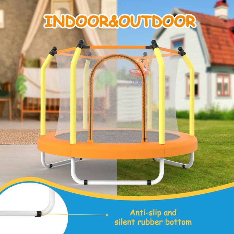 55-Inch Kids Indoor & Outdoor Toddler Trampoline with Basketball Hoop, Safety Net Included - 4.5FT