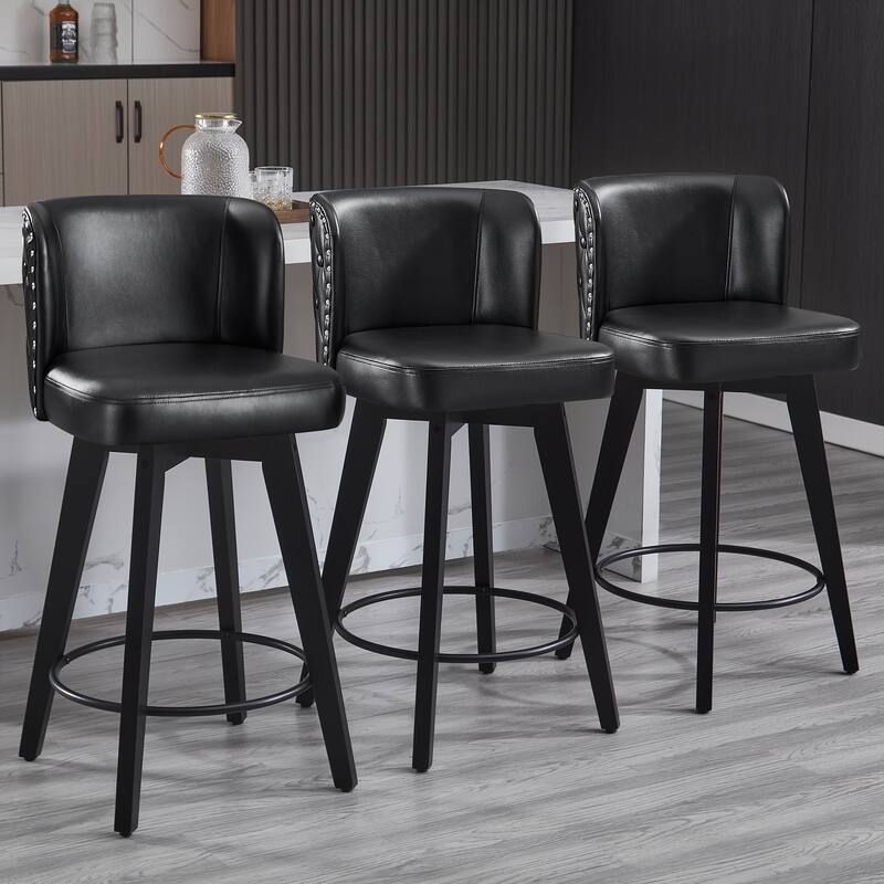 27.5" Faux Leather Upholstered Swivel Counter Height Bar Stool with Wooden Frame, Set of 1/2/3/4 - Black - Set of 3