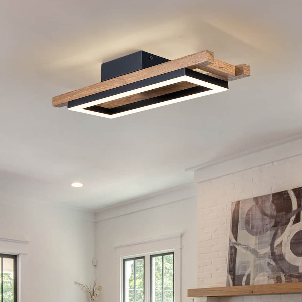 Integrated LED Rectangle Wood Semi Flush Mount Ceiling Light for Hallway Foyer