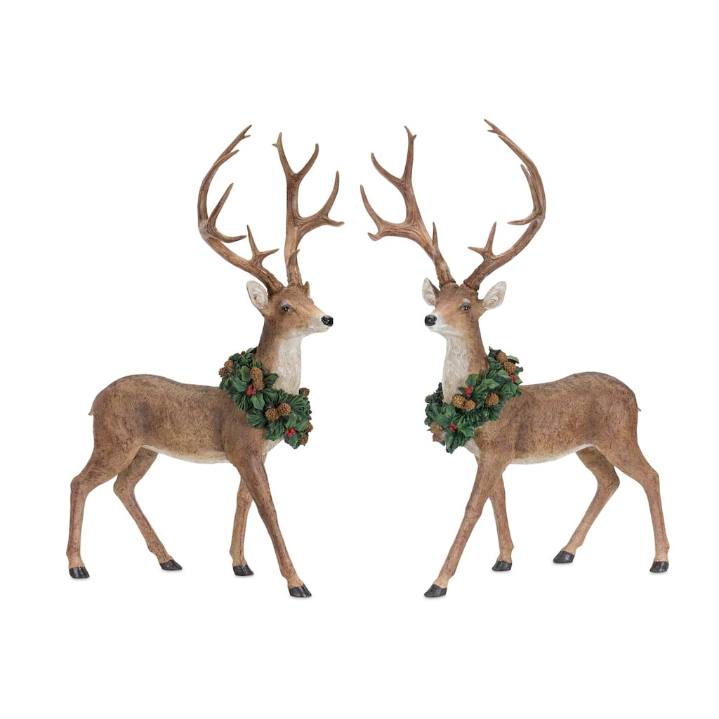 2 Adorable Two Reindeers Wearing Wreath Christmas Figurine 28.5"