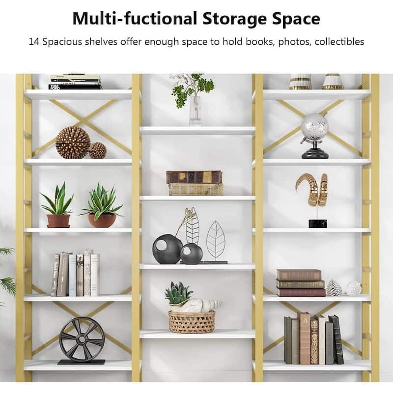 Open Triple Wide 5-Shelf Bookcase, Industrial Etagere Bookshelf for Home & Office