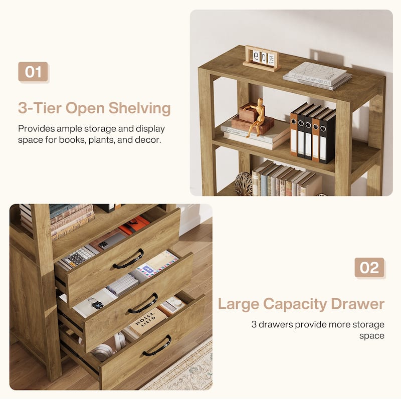70.9" Tall Bookcase Bookshelf with 3 Drawers and 3-tier Open Shelf - 13.78" D x 31.5" W x 70.9" H