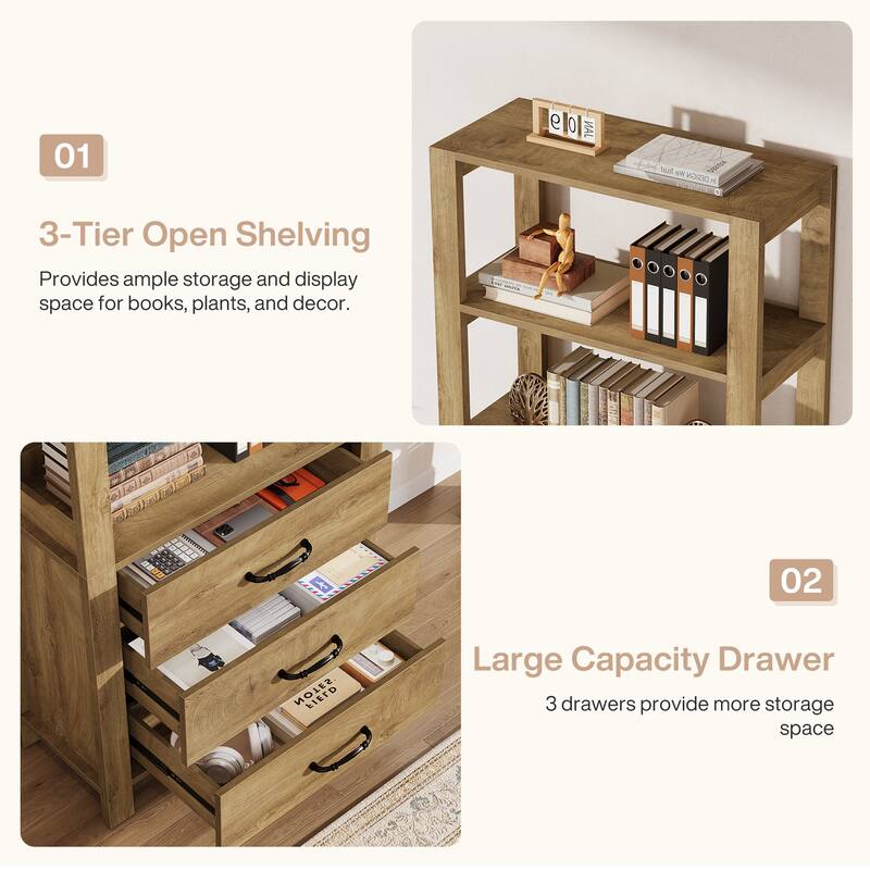 Modern 4-tier Tall Bookcase with Drawers and Open Display Shelf - 13.78" D x 31.5" W x 70.9" H