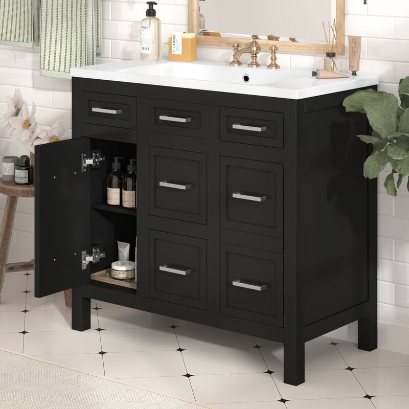 36-inch Free-standing Bathroom Vanity with Resin Undermount Sink, 4 Drawers, 2 Doors, Adjustable Storage Shelves