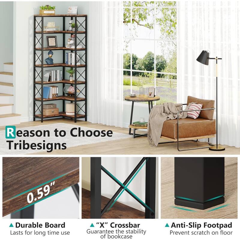 7-Shelf Corner Bookshelf Bookcase for Living Room Home Office