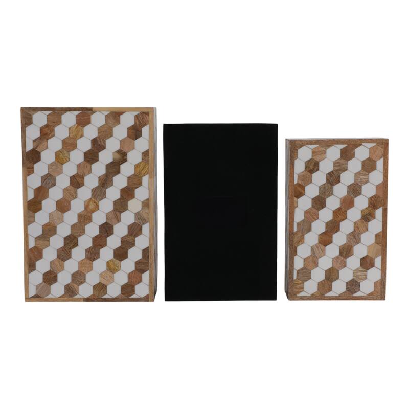 Wood Storage Boxes Geometric Inlay Modern Accent Decor (Set of 3) - 12" x 8" x 3.75"