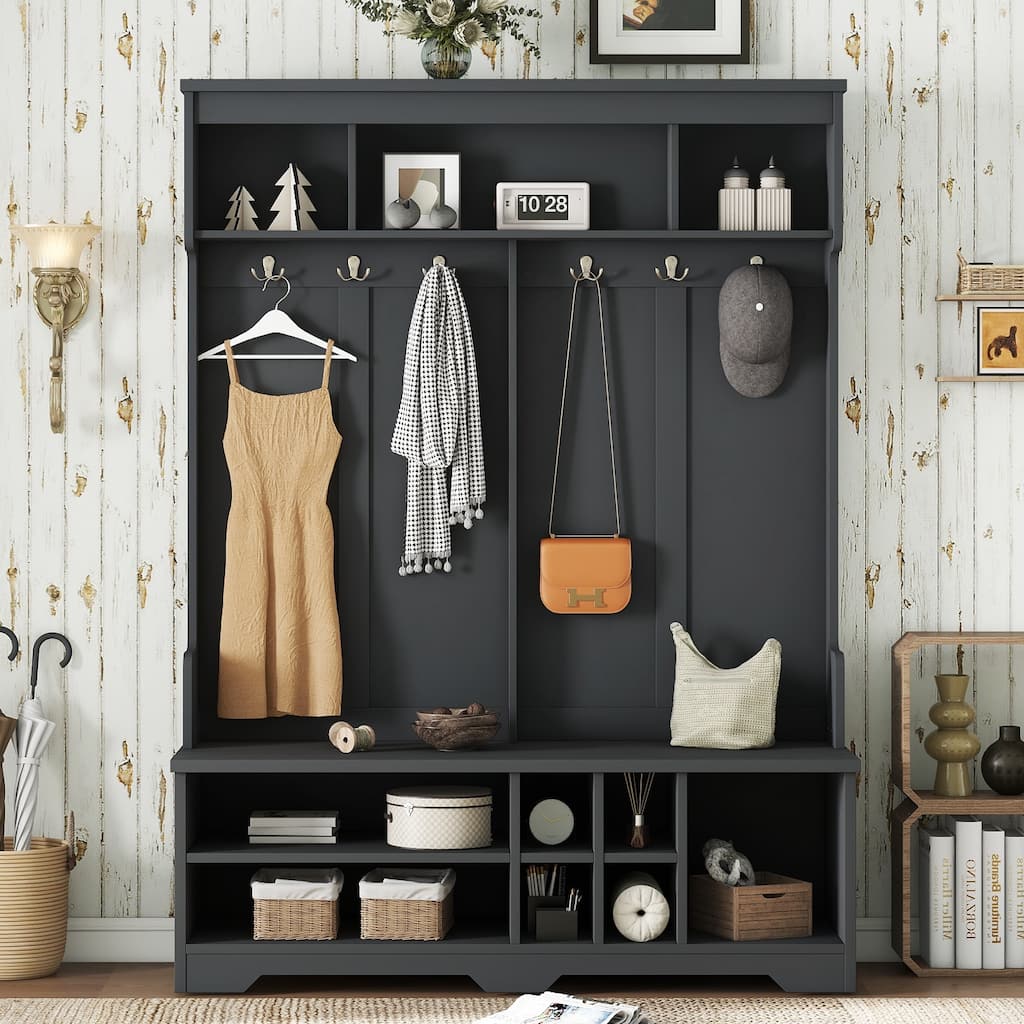 Modern Entryway Hall Tree with Metal Hooks, Shoe Cubbies and Storage Cabinets, Multi-Functional Hallway Coat Rack with Bench