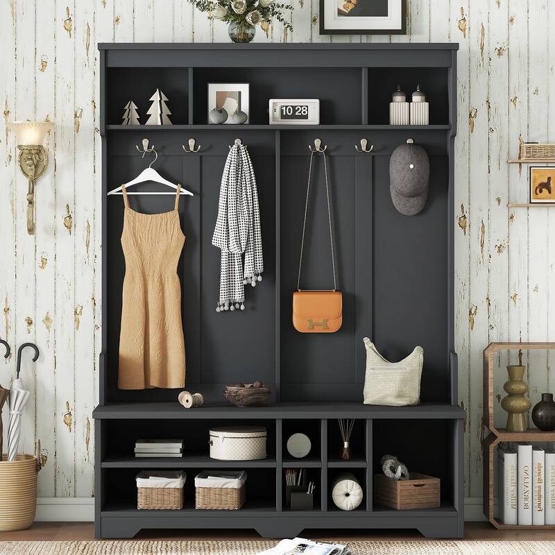 Modern Entryway Hall Tree with Metal Hooks, Shoe Cubbies and Storage Cabinets, Multi-Functional Hallway Coat Rack with Bench - Black