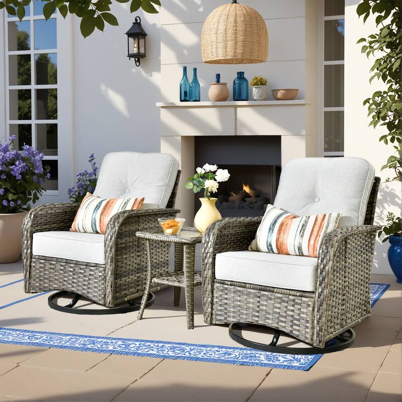 HOOOWOOO 3-piece Grey Wicker Patio Swivel Rocking Chair Set - Grey