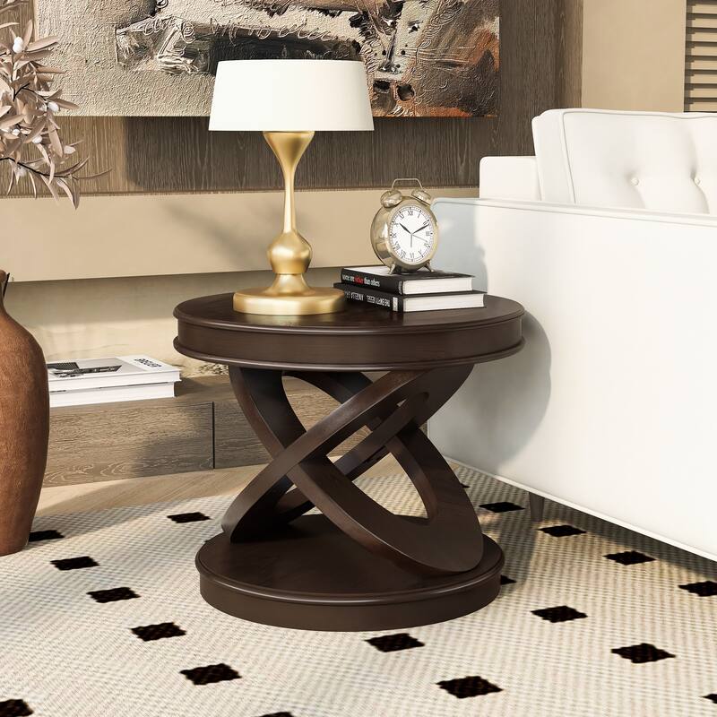 Retro Round Wooden End Table, Sofa Side Table with X-shape Base for Family Dining or Living Room. Espresso