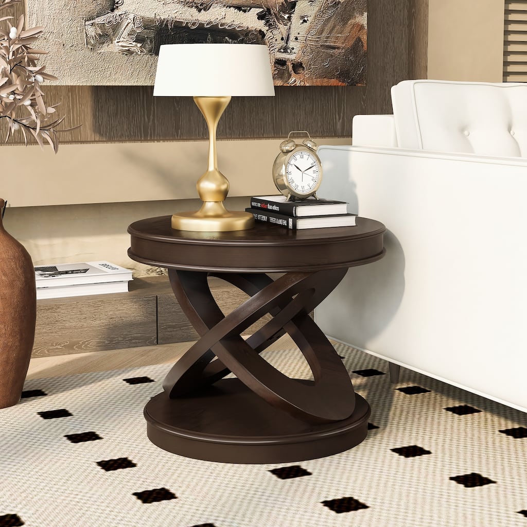 Vintage Round Wooden End Table Sofa Side Table with X-shape Base, Coffee Table Espresso Accent Table
