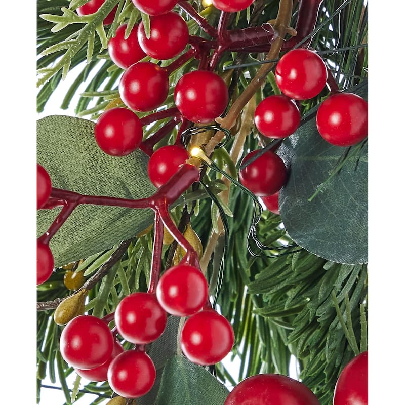 Magnolia Leaf, Eucalyptus, and Berry 9ft Garland, Pre-Lit with 50 LED Fairy Lights B/O