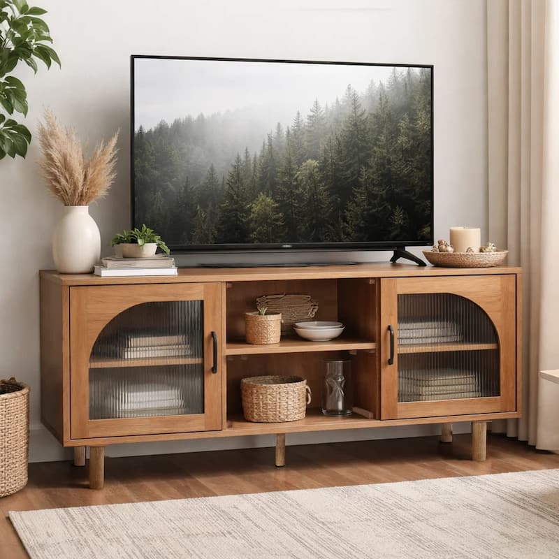 64 Inch James TV Stand Console, 2 Arch Glass Door Cabinets & Shelves, Walnut Brown Mango Wood
