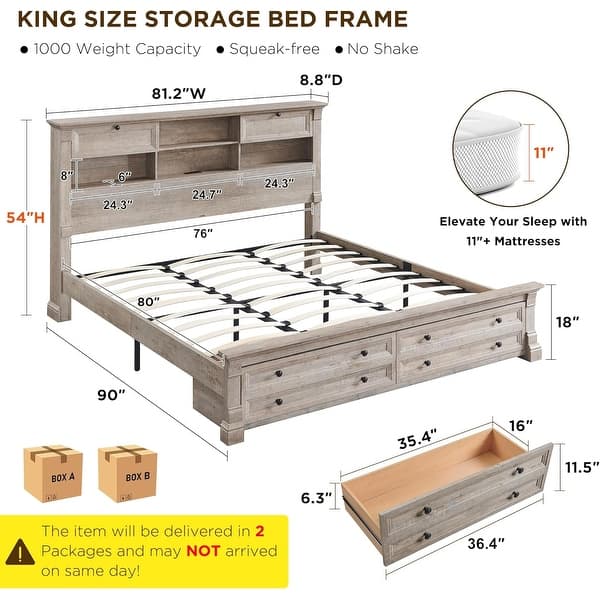 dimension image slide 7 of 10, Farmhouse Bed Frame with 54" Tall Storage Bookcase Headboard
