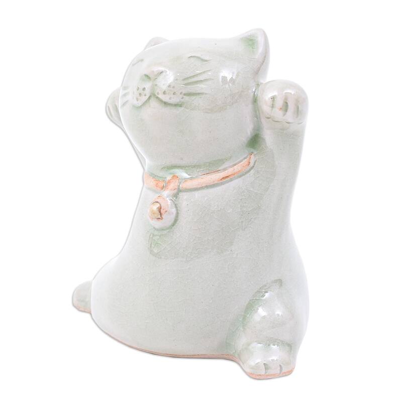 Novica Handmade Lucky And Playful Celadon Ceramic Figurine